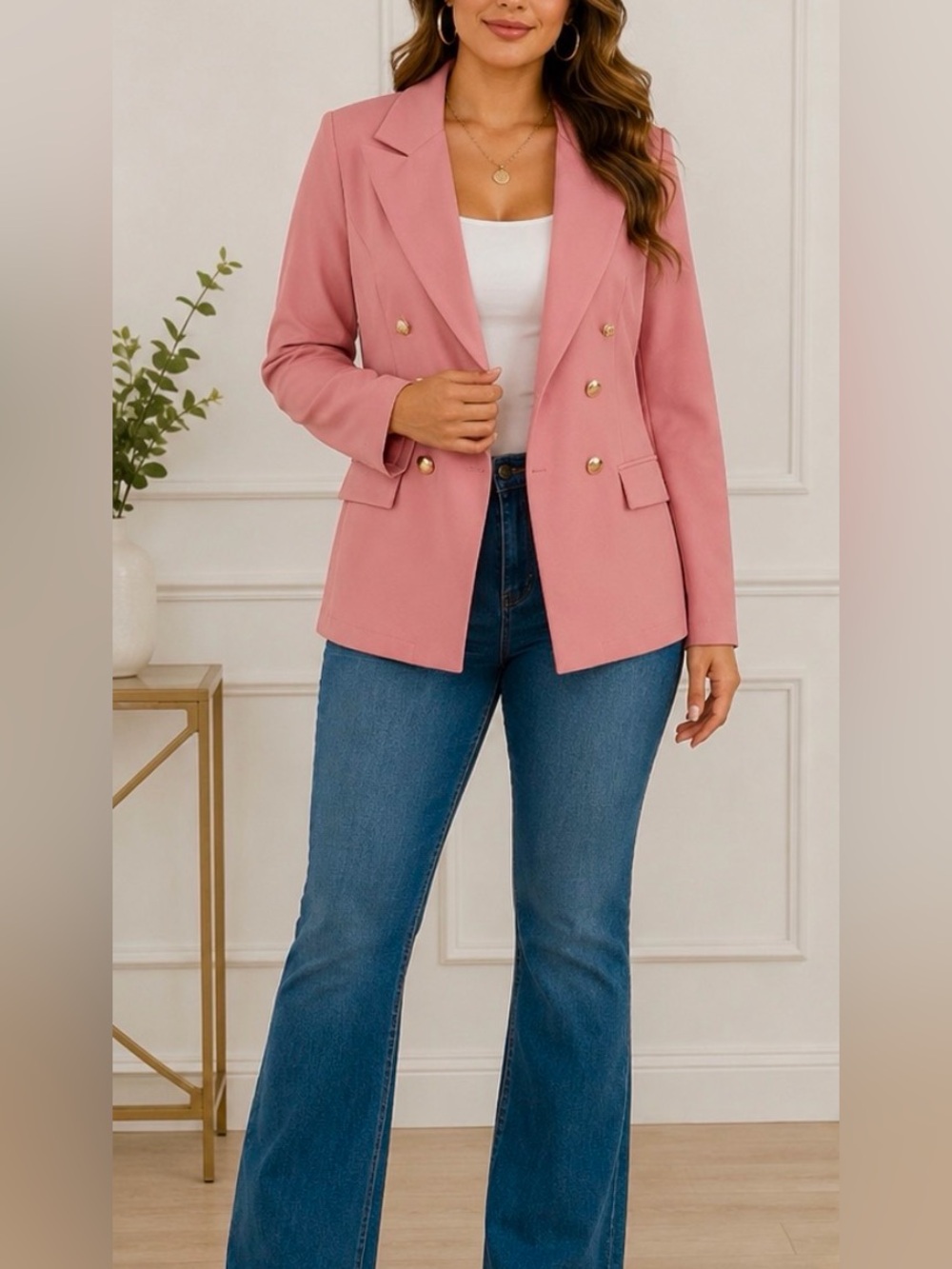 Women’s Double-Breasted Pink Blazer Jacket L
